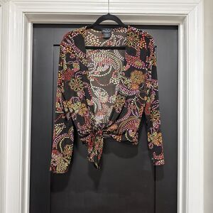 West End Geometric Boho Paisley Y2K Long Sleeve Front Tie Cardigan Top Sz Large